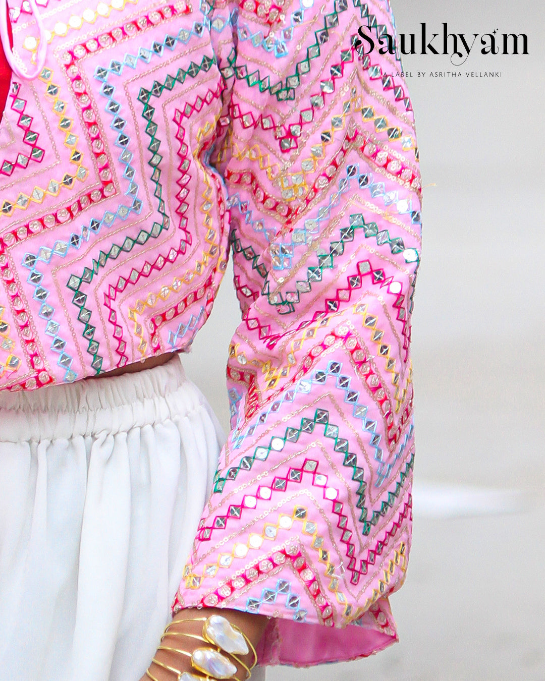 Pink Embroidered Crop Jacket