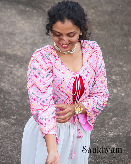 Pink Embroidered Crop Jacket