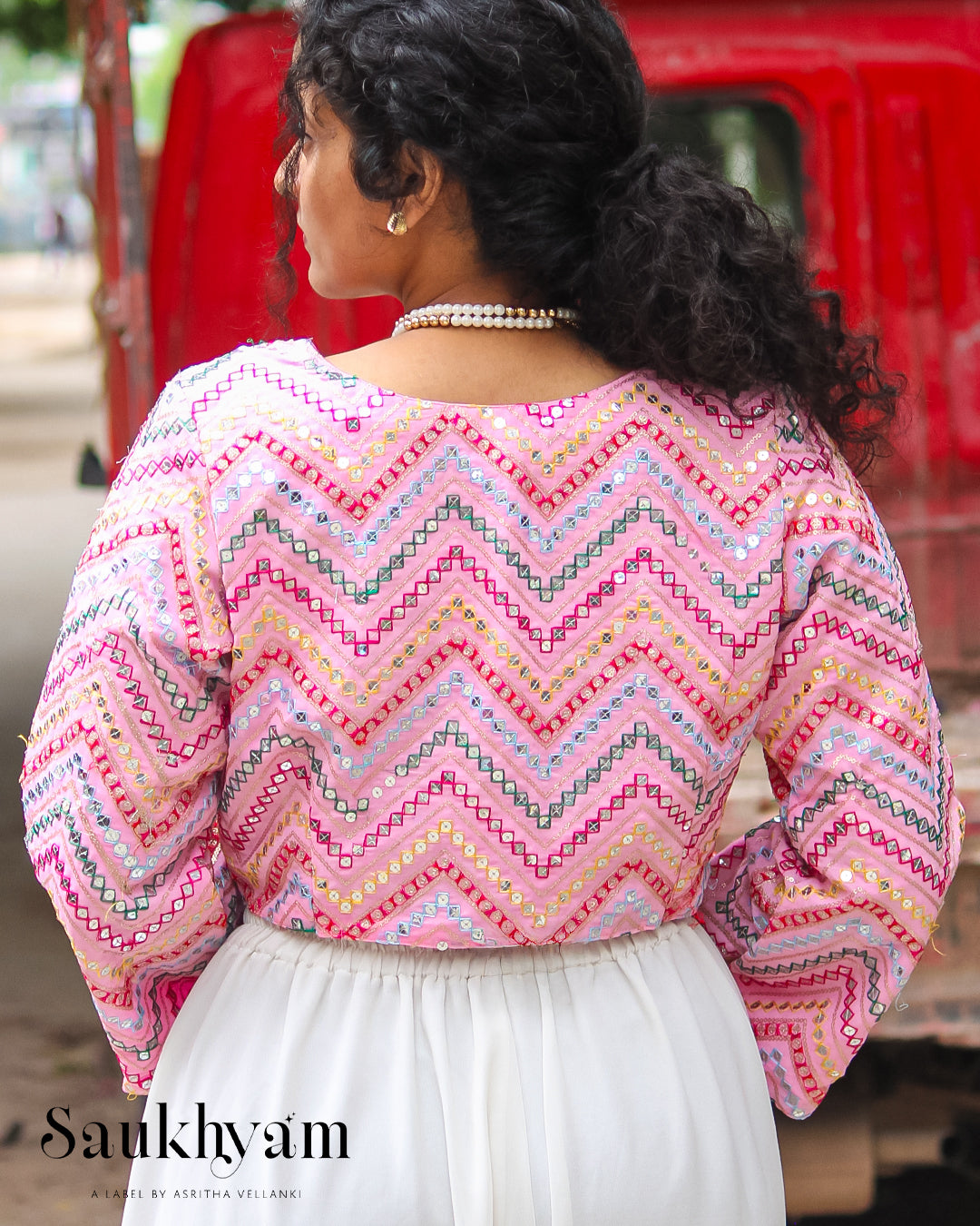 Pink Embroidered Crop Jacket